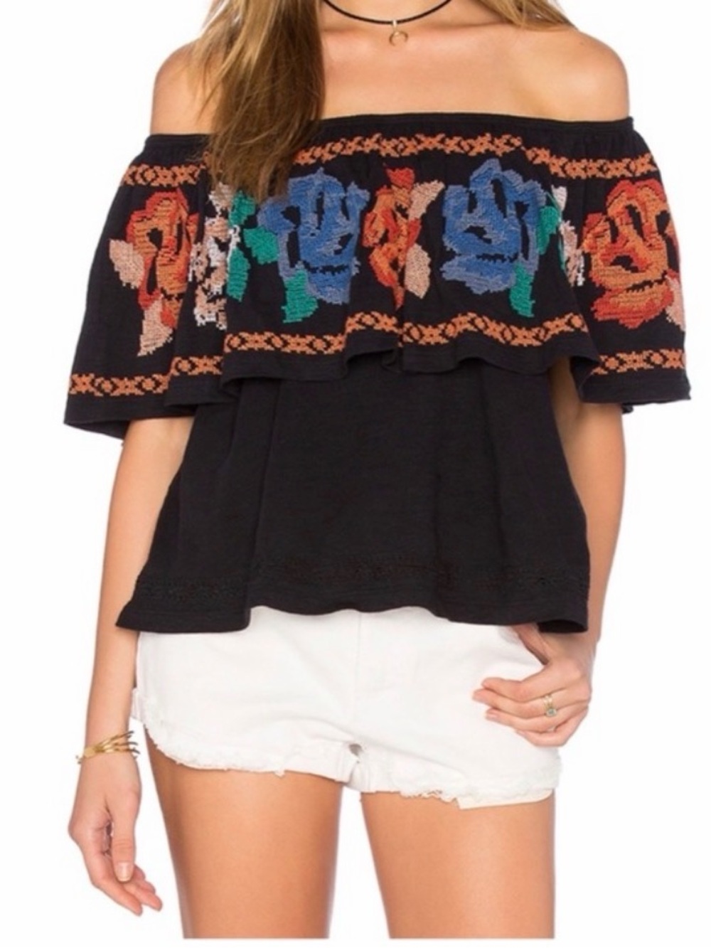 Free People Embroidered Off The Shoulder Top XS Black
